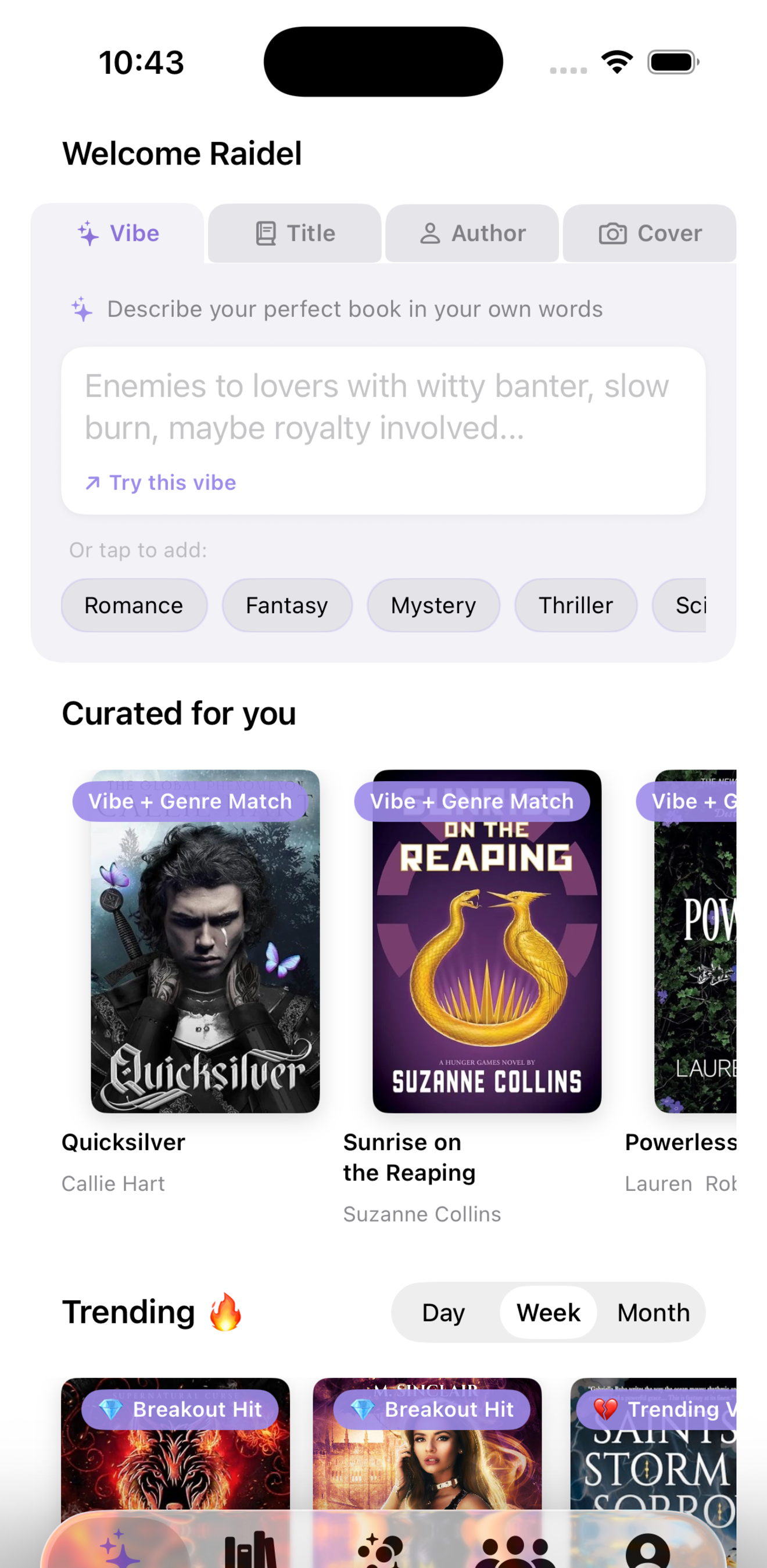 VibeReads home with curated recommendations and trending books