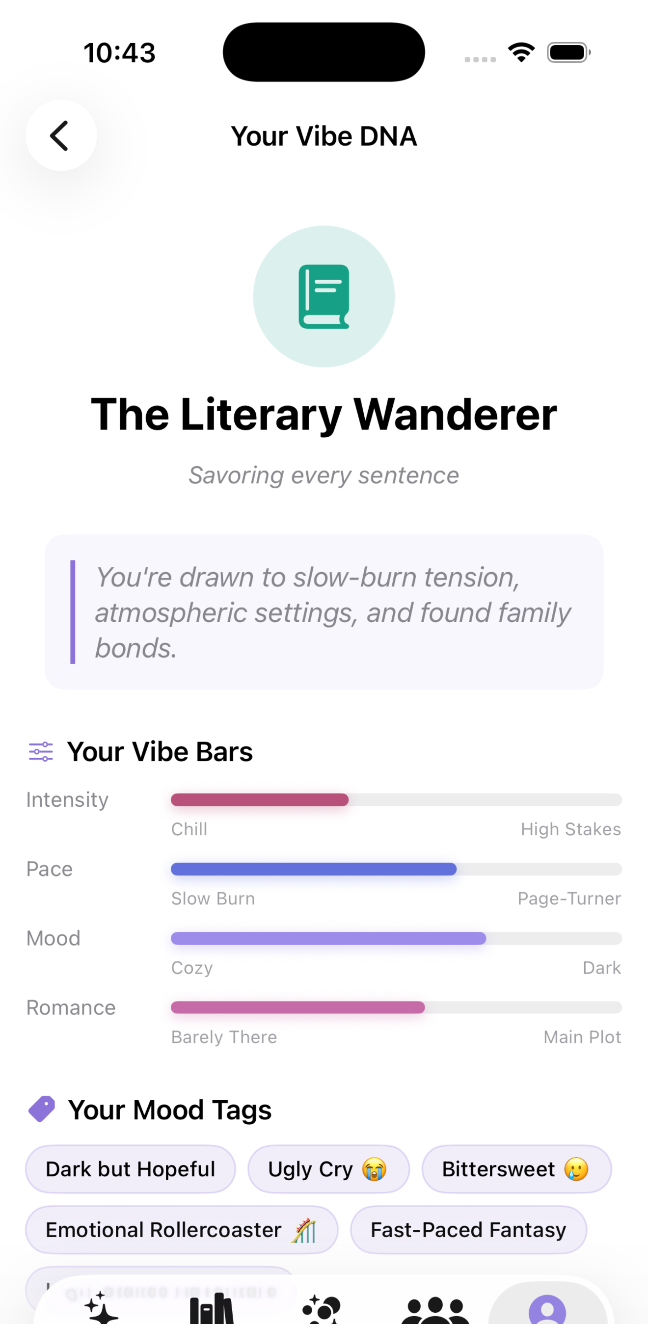 Vibe DNA — discover your reader archetype and vibe bars